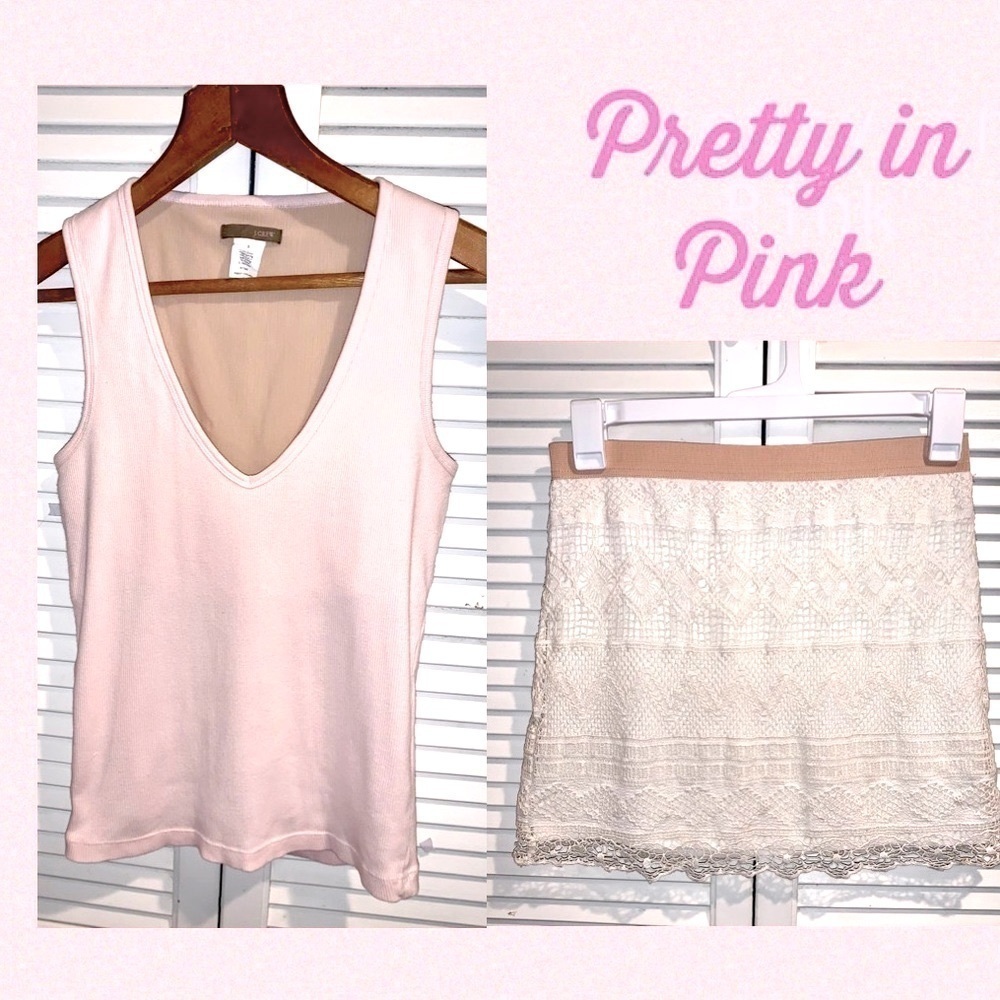 JCrew Pale pink ribbed tank top and Ivory crochet mini skirt Small